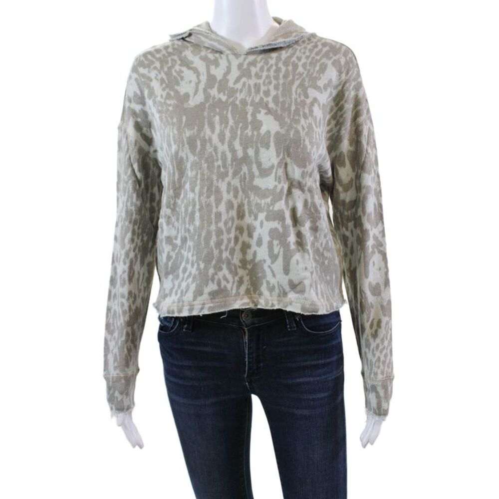 Chaser Womens Cotton Abstract Print Long Sleeve Cropped Hoodie Green Size XS
